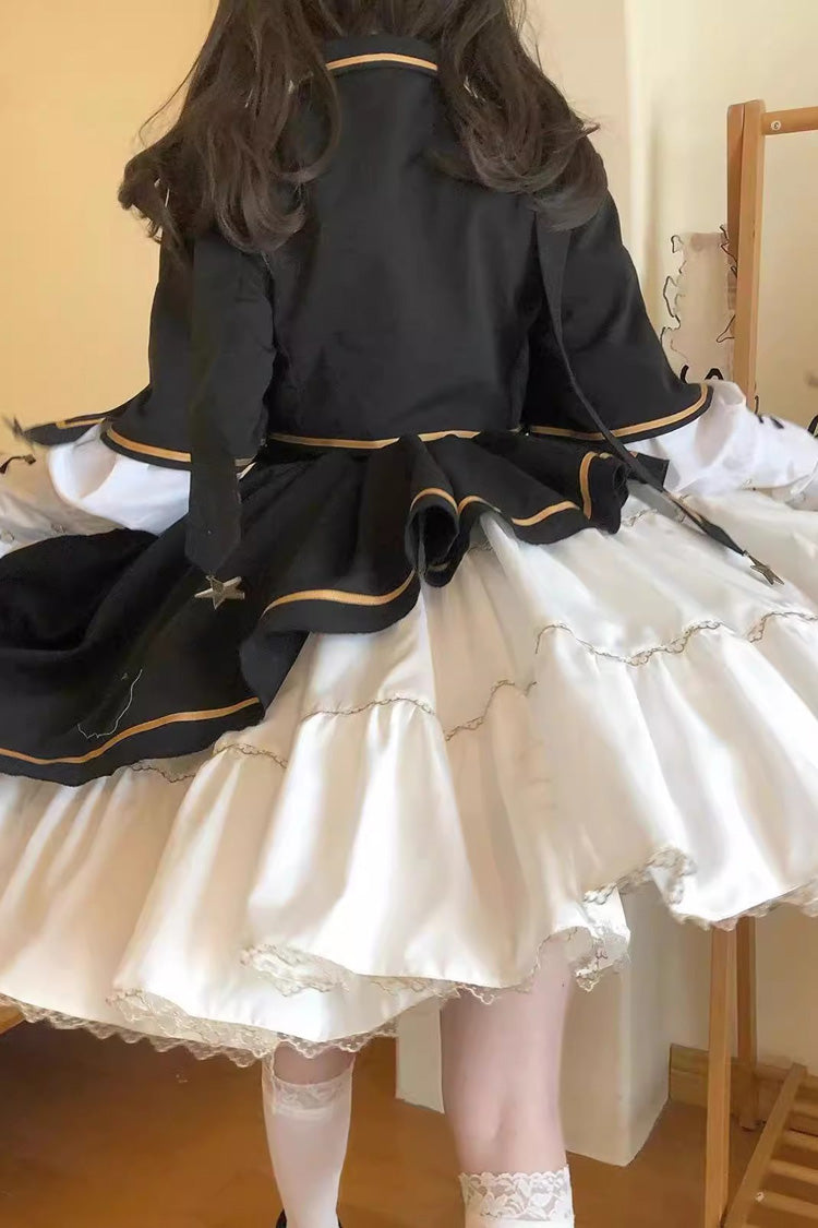 ブラック/ホワイト[コマンダー] 長袖フリル蝶結びイレギュラースウィートロリータドレスコートマントセット
