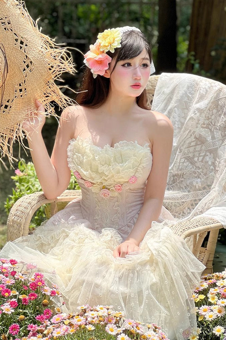 Pink Flower Goddess of Love Ruffle Bowknot Lace Sweet Elegant Lolita Maxi Skirt Dress Set