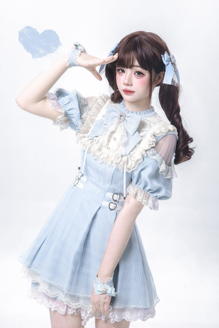 Blau/Aquafarbenes, kurzärmliges, kariertes, bedrucktes, gerüschtes Spitzen-Sweet-Jirai-Kei-Japaner-Lolita-Kleid