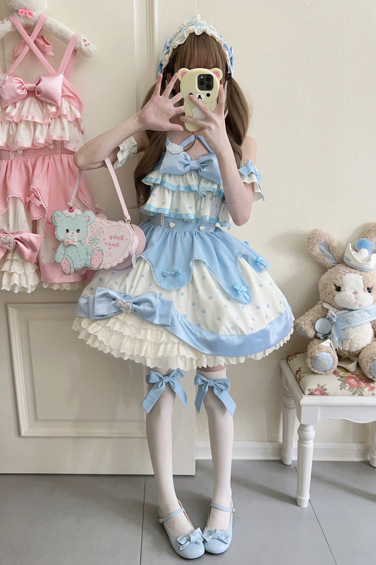 Blue Cream Multi-Layered Polka Dots Print Ruffle Bowknot Sweet Lolita Jsk Dress