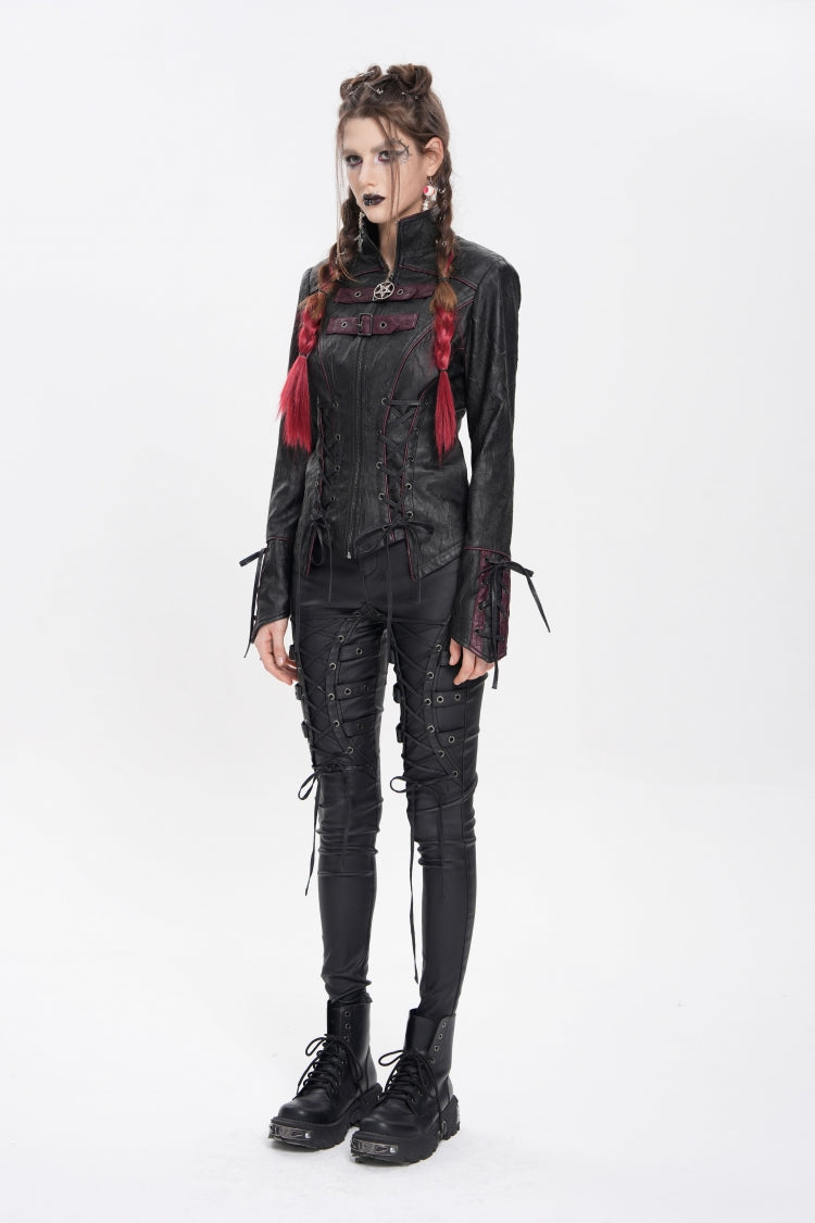 Black Pentacle Lace-Up Buckle Women's Punk Jacket