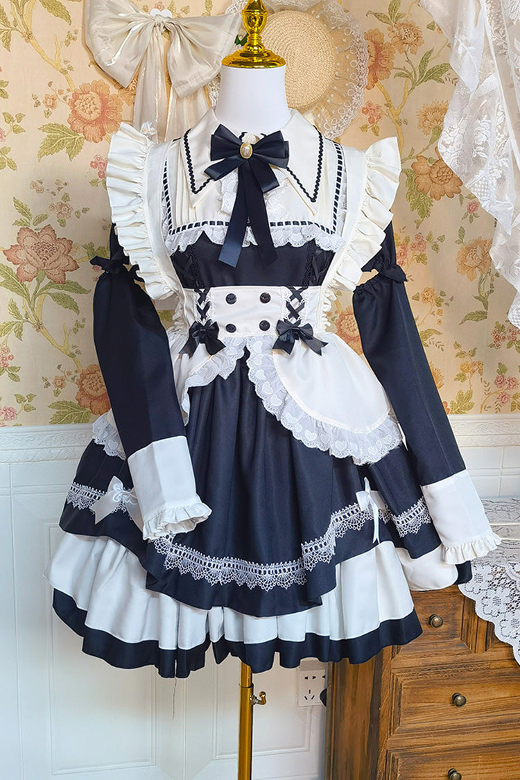Schwarz/Weiß Kurzarm Dreifach-Lagen Rüsche Schleifenknoten Spitze Süßes Plus Size Dienstmädchen Lolita Kleid Set 