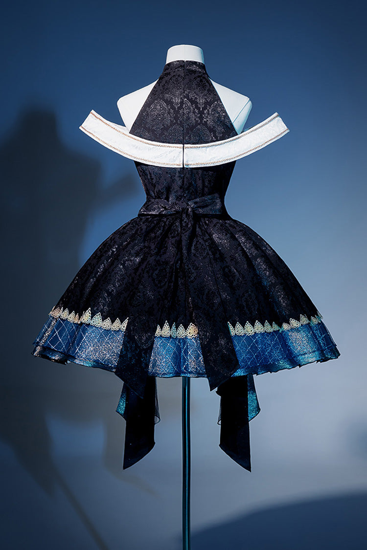 Schwarz/Blau [Universum] Schulterfreies Halterneck Ärmelloses Print Stickerei Cardigan Gothic Prinzessin Lolita Kleid 