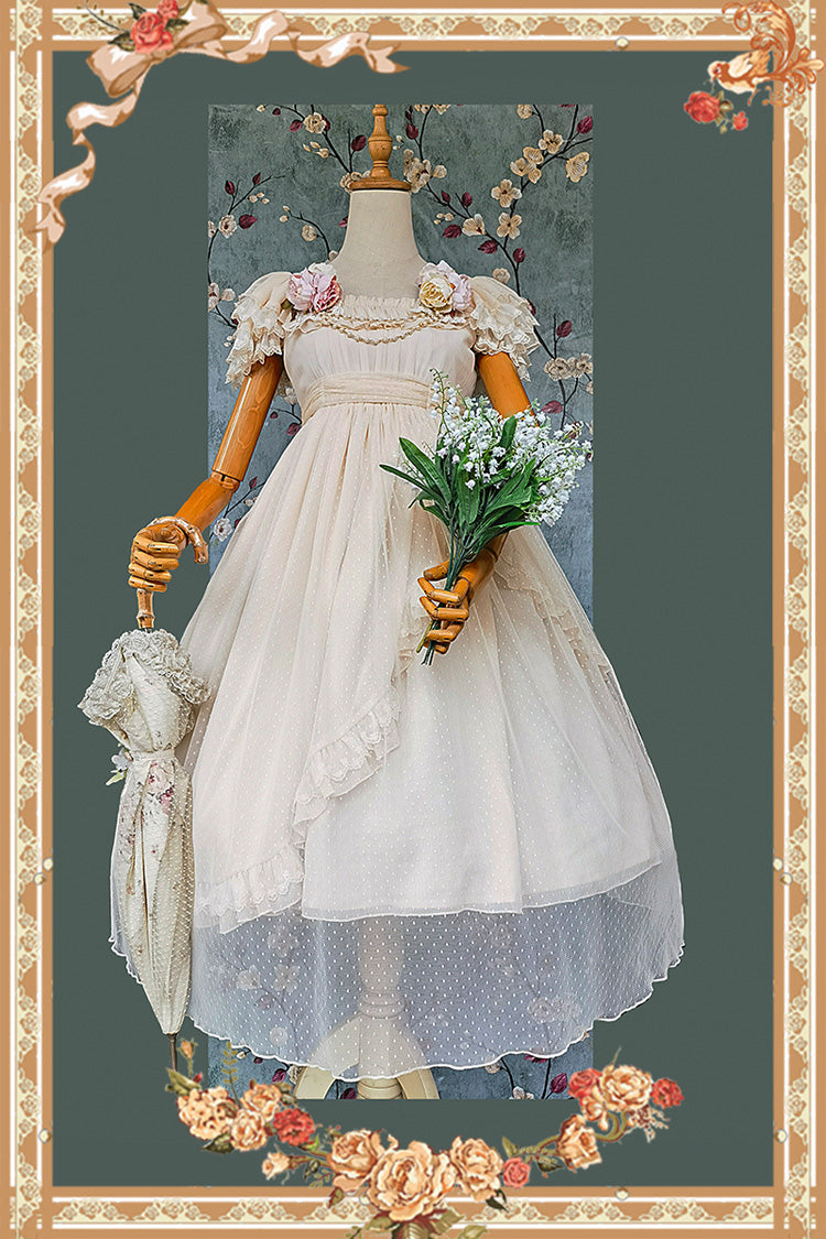 Aprikose [Mondgöttin *Mediana*] Polka Dot Print Rüschen Schleifen Asymmetrisches Süßes Elegantes Lolita Kleid 