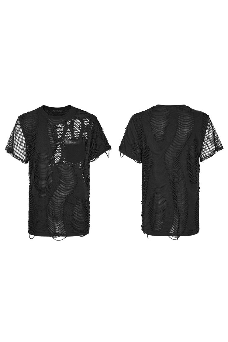 Black Short Sleeves Stitching Mesh Ripped Men's Punk T-Shirt