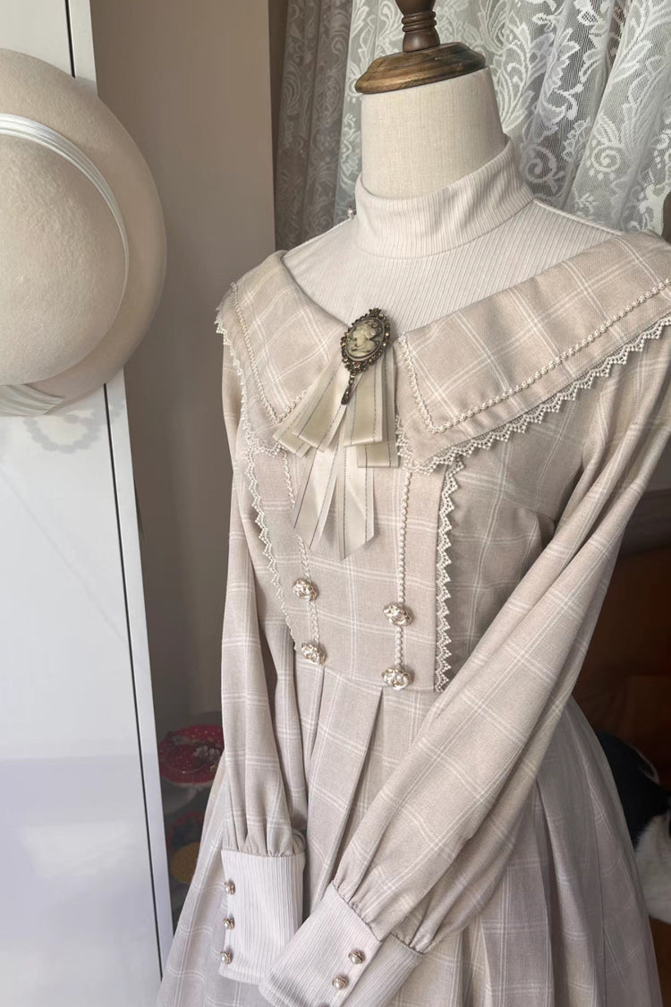 Aprikose [Fontainebleau] Langärmliges, kariertes Schleifenmuster, elegantes, süßes Lolita-Kleid