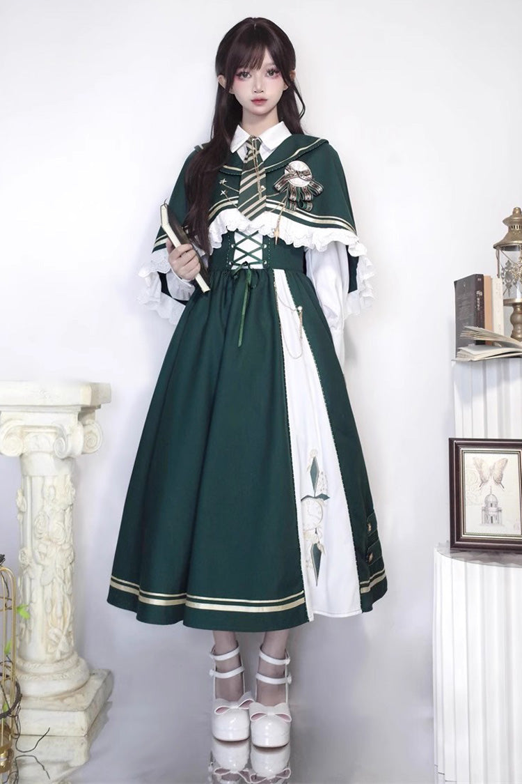 Green Time Traveler Print College Style Sweet Lolita Strap Dress 4 Piece Set