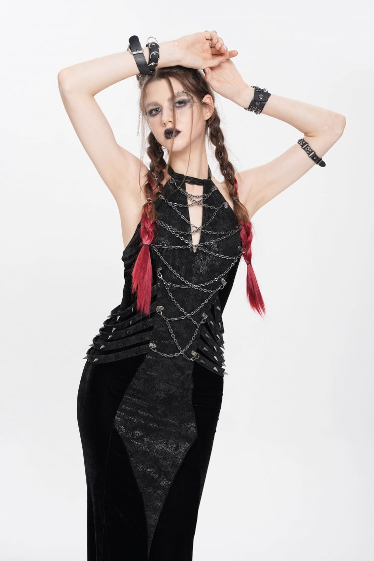 Black Halterneck Sleeveless Rivet Straps Chain Women's Punk Dress