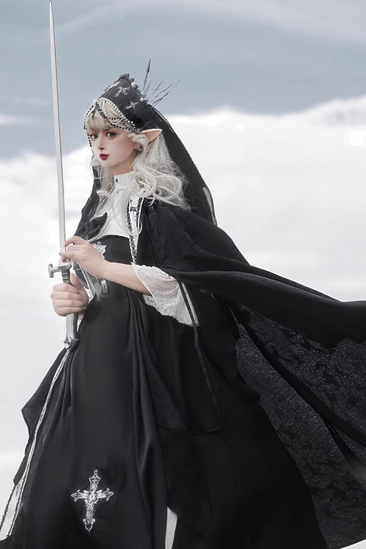 Black [Cross Nun] Stand Collar Off Shoulder Print Bowknot Gothic Elegant Lolita Dress