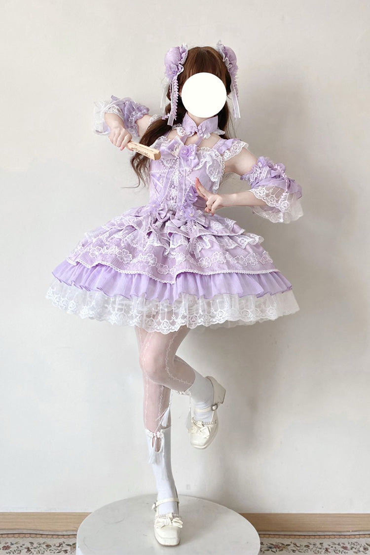 Lila [Regen von Pfirsichen] Ärmelloses mehrschichtiges Schleifen-Spitzen-Süßes-Chinesischer-Stil-Lolita-Jsk-Kleid 