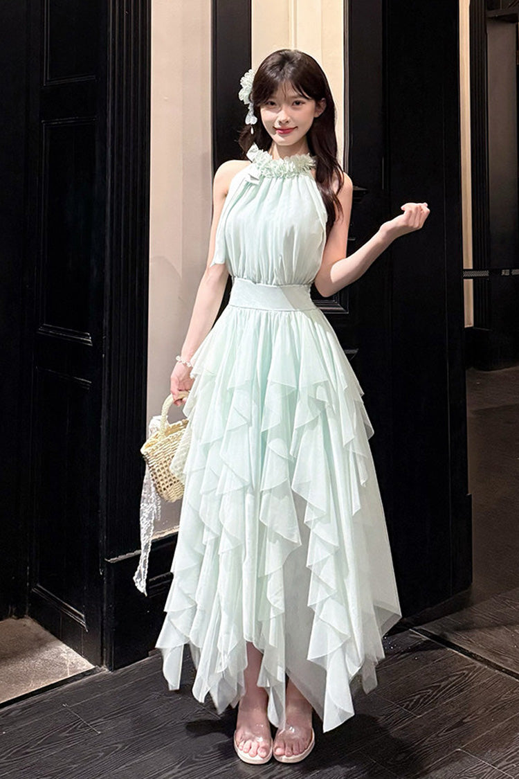 Robe Lolita douce irrégulière à volants multicouches sans manches vert clair [Mist Bell]