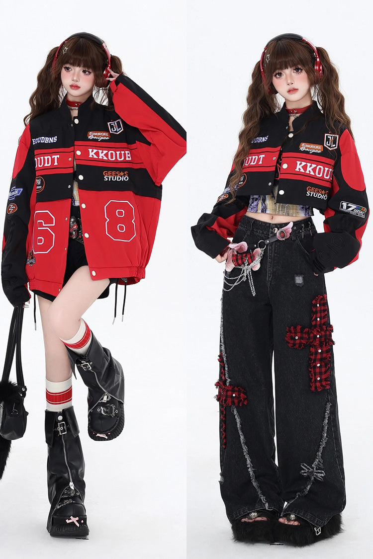 [Biker Girl] Long Sleeves Print Embroidery Zipper Detachable Jirai Kei Coat 3 Colors