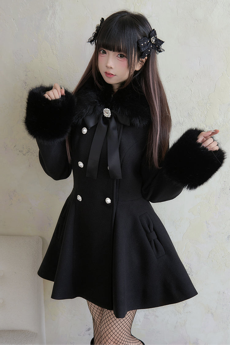 Black Double-Breasted Long Sleeves Bowknot Japanese Sweet Lolita Coat