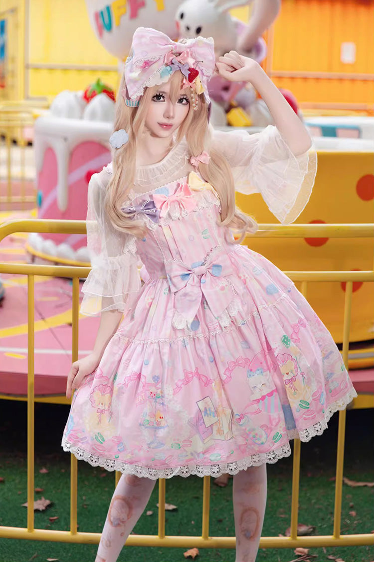 Robe Jsk Sweet Lolita sans manches imprimée avec nœud en rose [Maison de poupée Macaron] 
