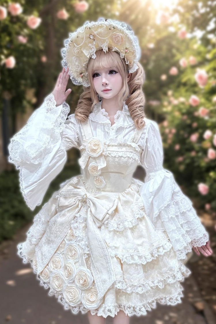 [Rose of Confession] Robe Lolita Jsk Sans Manches à Volants Nœud en Dentelle Asymétrique Douce Élégante 2 Couleurs 
