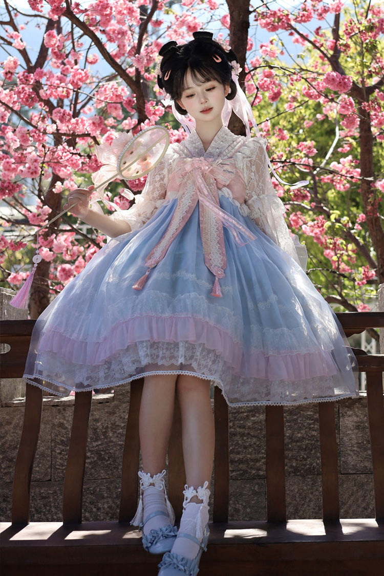 [Peach Blossoms in Spring Fields] Sleeveless Ruffle Bowknot Lace Sweet Chinese Style Lolita Jsk Dress 3 Colors