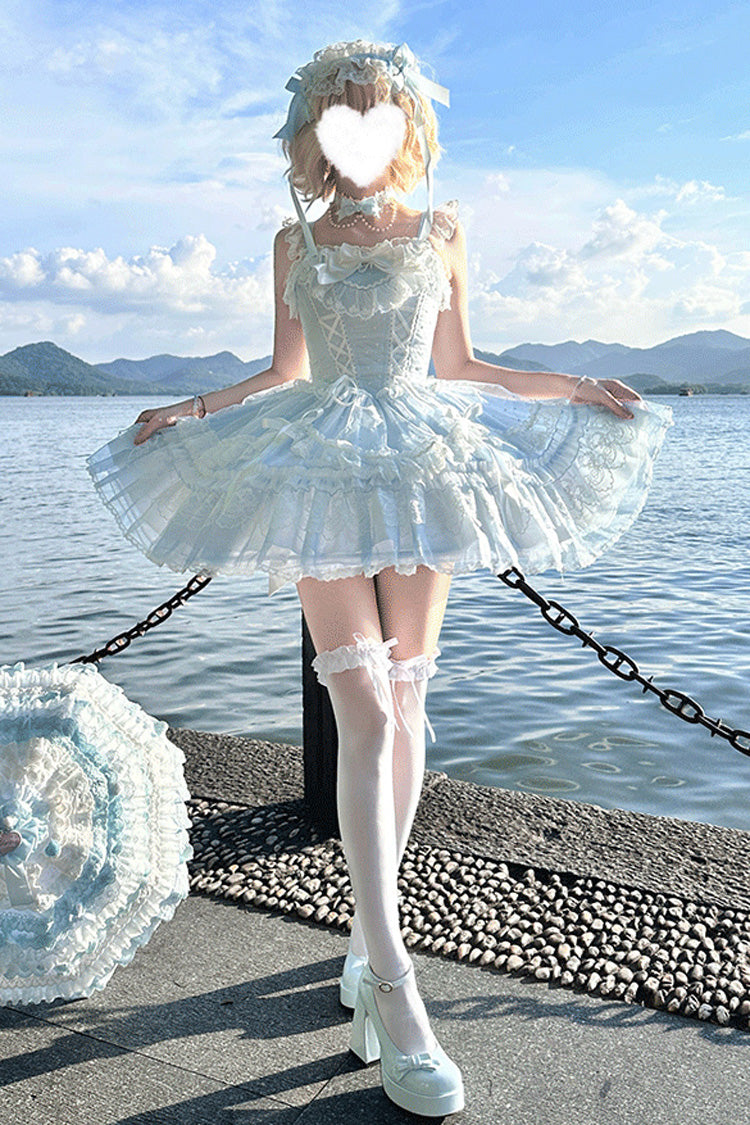 Blue [Candy House] Sleeveless Ruffle Bowknot Lace Lace-Up Sweet Lolita Jsk Dress