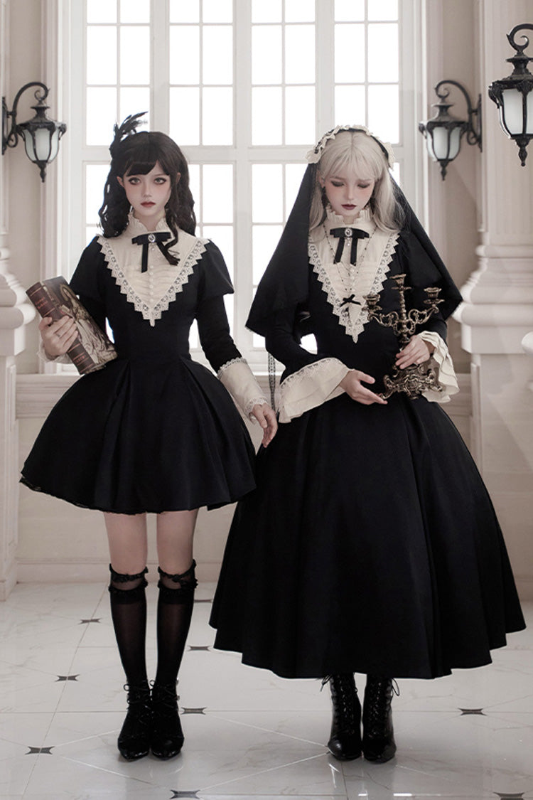 Black [Letters and Poems·Nocturne] Nun Long Sleeves Ruffle Gothic Lolita Short Dress