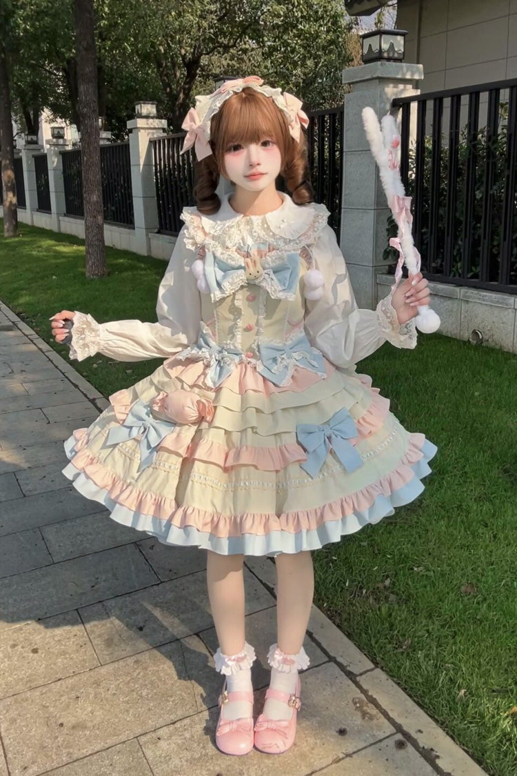 ブルー/ピンク/アイボリー【キャンディーペストリークリスプ】フリルリボンスイートロリータJSKワンピース