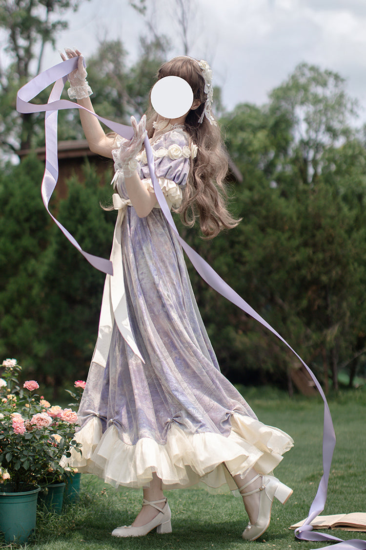 Robe Lolita Princesse Douce à Manches Courtes Imprimée avec Volants et Nœud Papillon [Poème de Peinture à l'Huile Soleil et Lune] Violette 