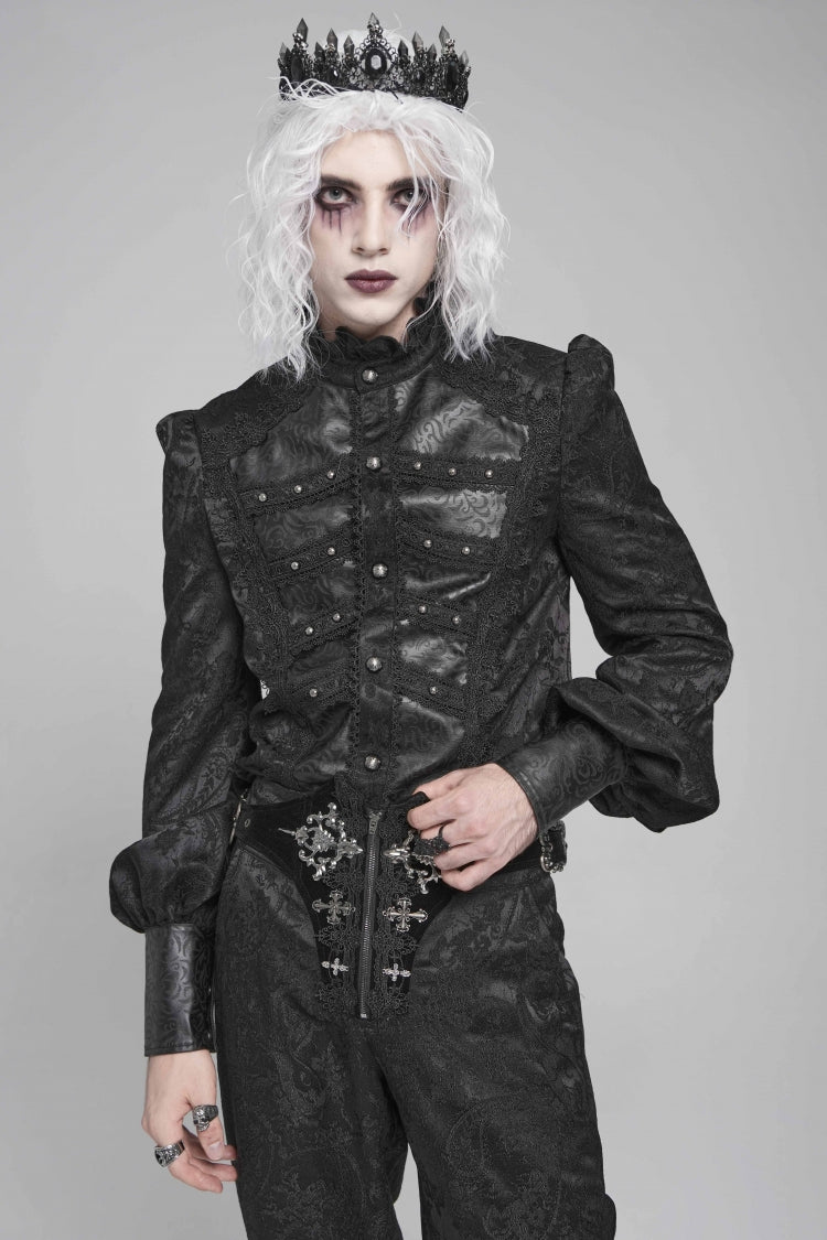 Black Stand Collar Long Lantern Sleeves Floral Print Embroidery Men's Gothic Blouse