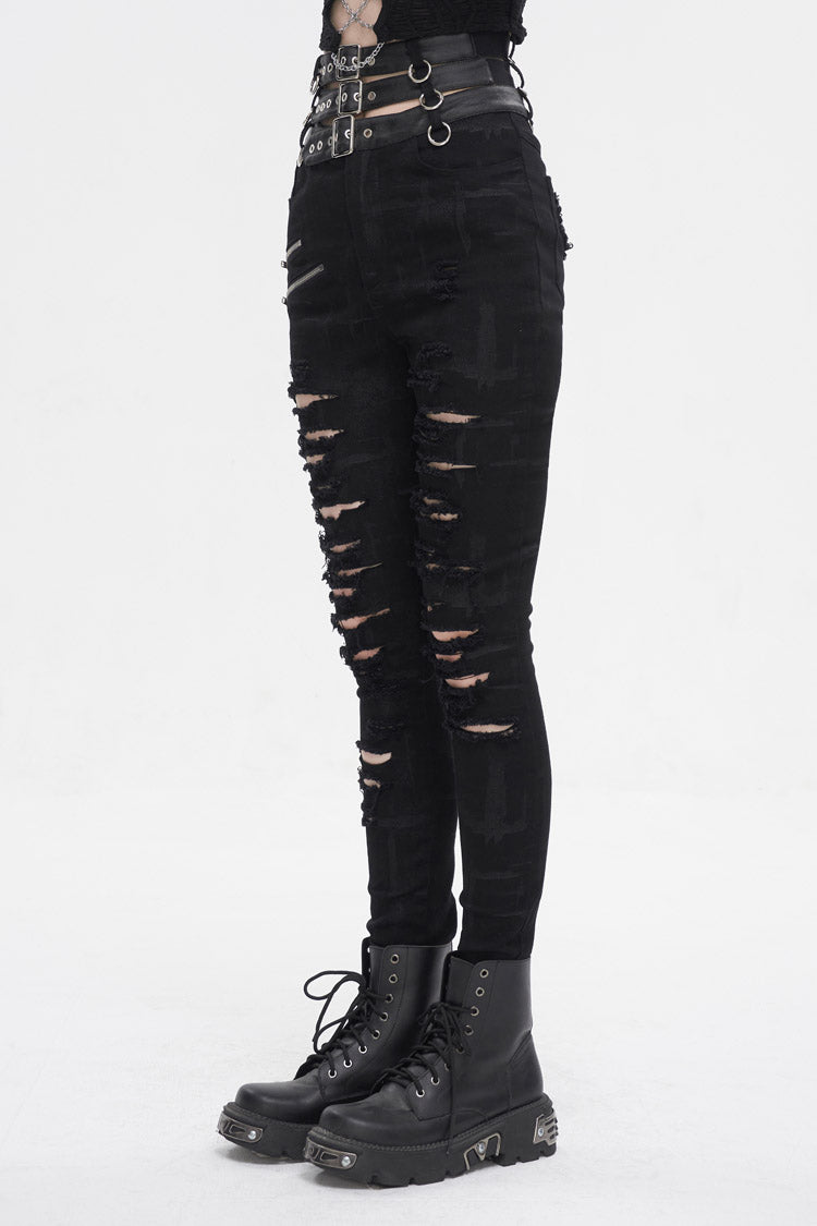 Black High Waisted Loophole Ripped Buckle Women's Punk Pants