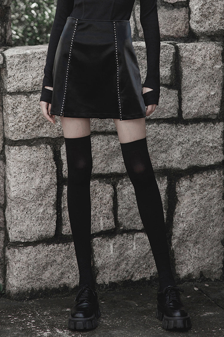 Black Rivet Lace A Version Slit Leather Women's Punk Skirt