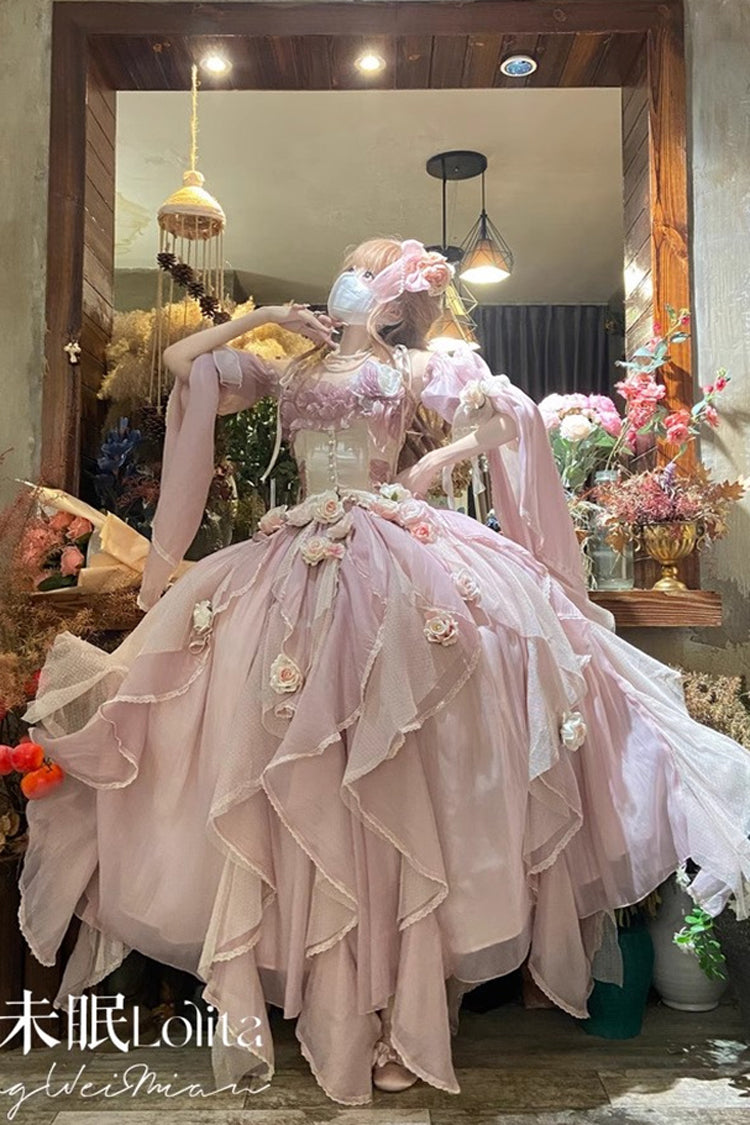 [Praise of the Flower Goddess] Off Shoulder Ruffle Hanayome Bowknot Lace Fishbone Sweet Lolita Jsk Dress 2 Colors