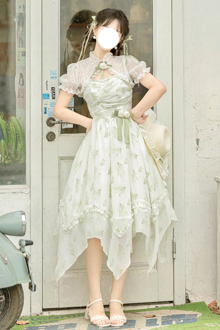 Lily of the Valley Spring Short Sleeves Jacquard Print Bowknot Irregular Sweet Lolita Jsk Dress