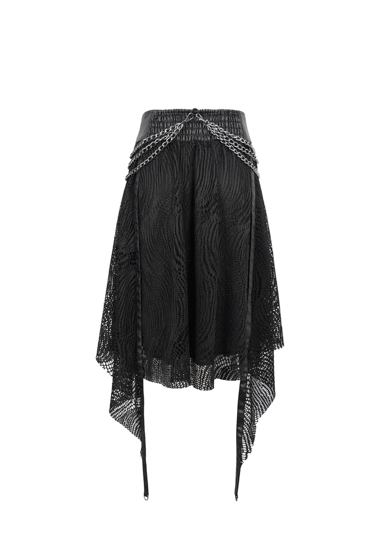 Black Irregular Half Hollow Knit Metal Chain Decorated Women's Punk Skirt