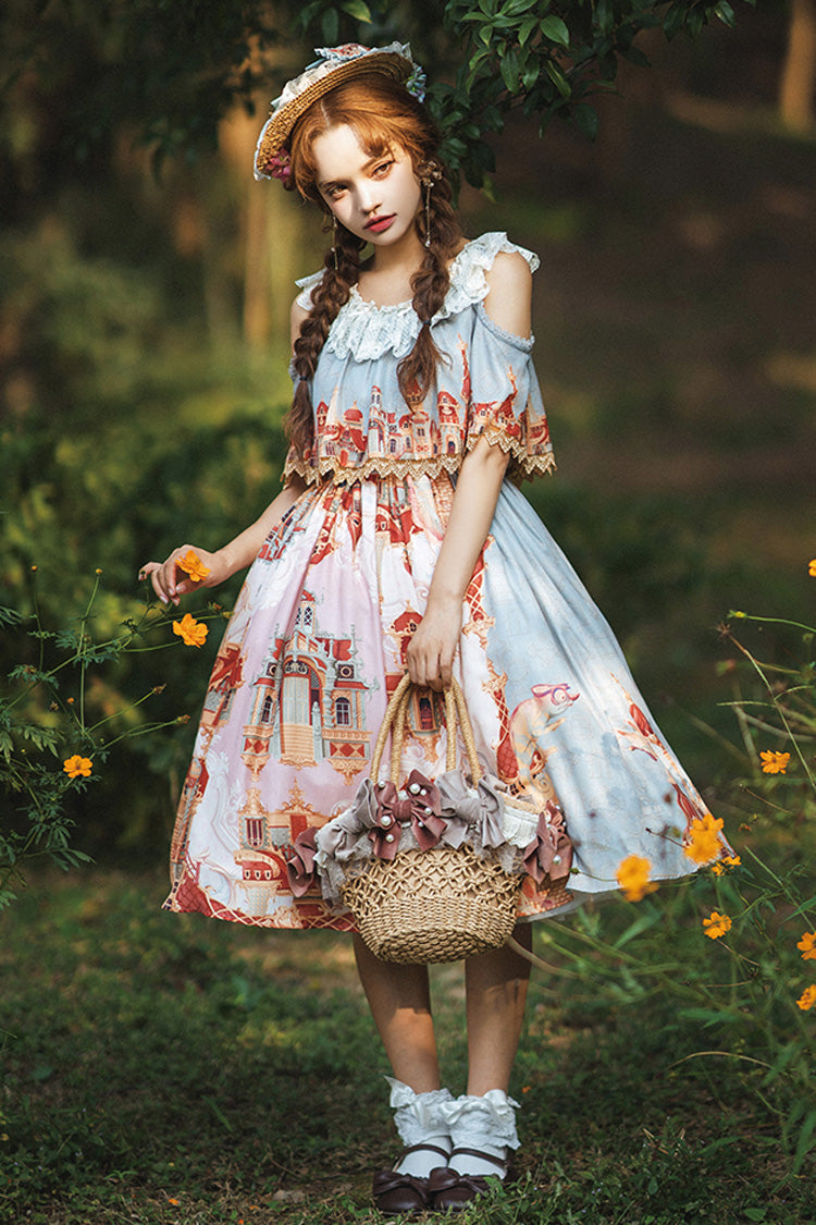 Multi-Color European Architectural Oil Painting Print Off Shoulder Short Sleeves Bowknot Sweet Lolita Dress