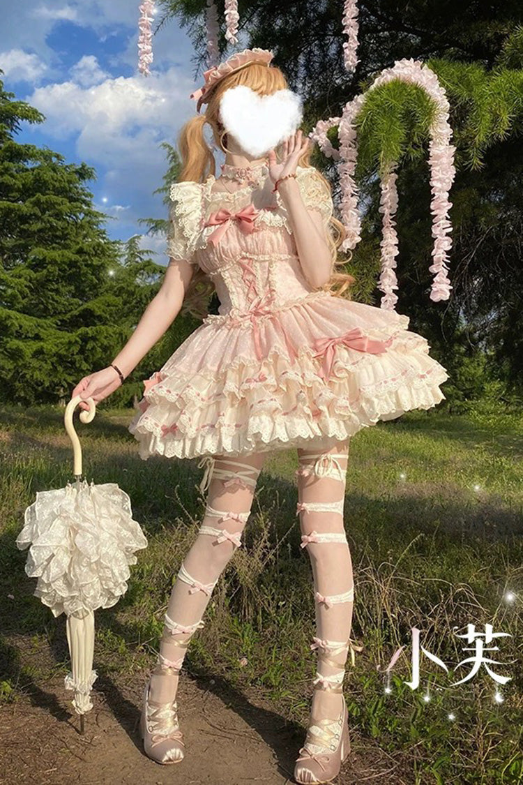 Rosa dreilagiges süßes Prinzessinnen-Ballett-Lolita-JSK-Kleid mit Schleife und Schnürung
