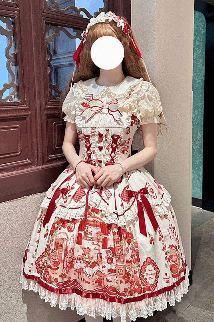 Ivory/Red [Strawberry Bear] Sleeveless Print Ruffle Embroidery Bowknot Lace Sweet Lolita Jsk Dress