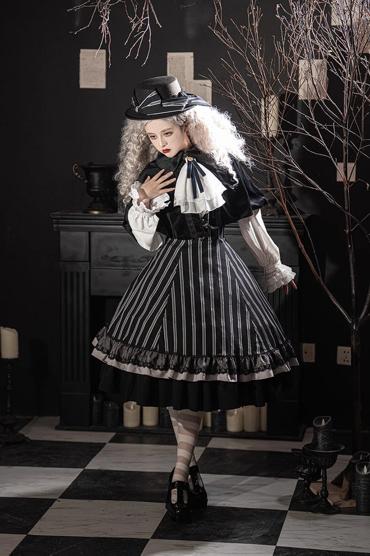 Black Point Manor Multi-layer Striped Print Ruffle Gothic Lolita Skirt