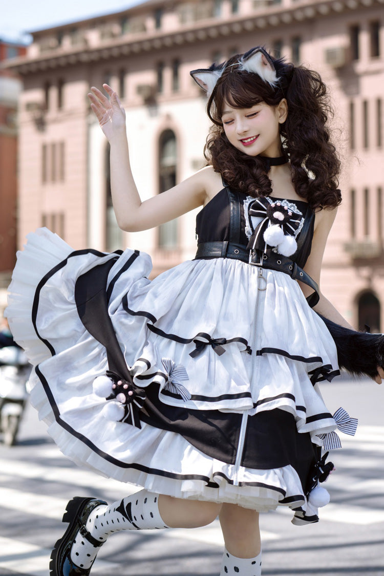 Black/White [Cat Fist] Triple-Layered Ruffle Bowknot Sweet Lolita Jsk Dress