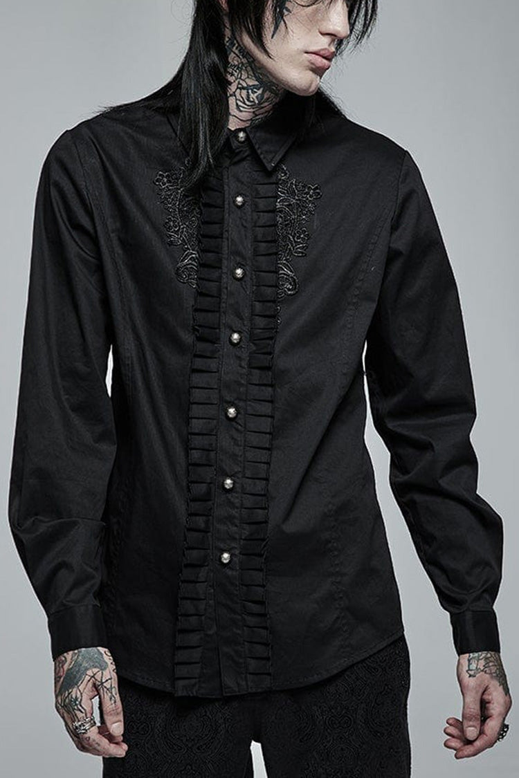 Black Gothic Delicate Decals Placket Pleated Ruffle Long Sleeve Men's Shirt