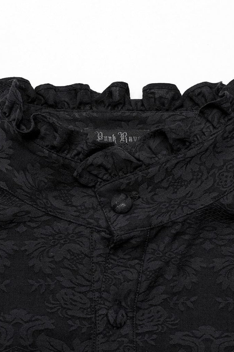 Black Stand Collar Long Puff Sleeves Jacquard Print Mens Gothic Blouse with Necktie