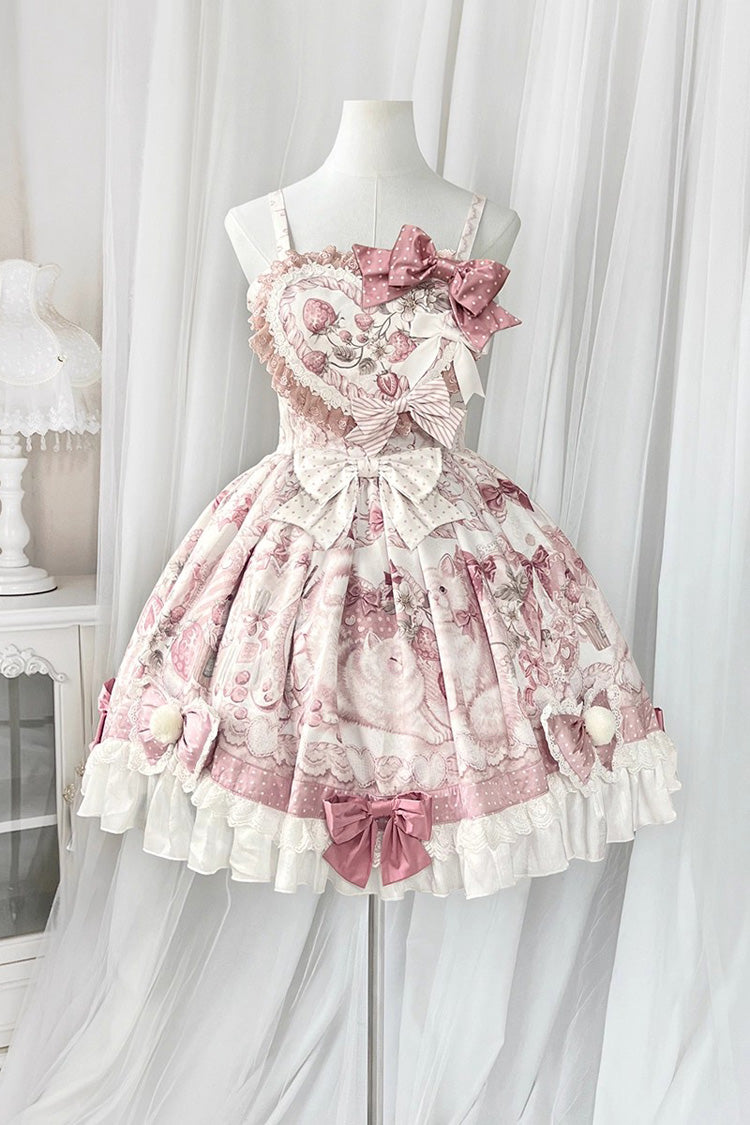 Pink [Cat Dessert House] Print Ruffle Bowknot Sweet Lolita Jsk Dress Set