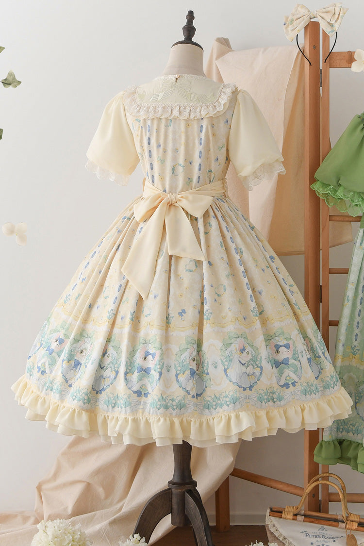 Beige [Lily of the Valley Cat] Print Ruffle Embroidery Bowknot Sweet Lolita Dress