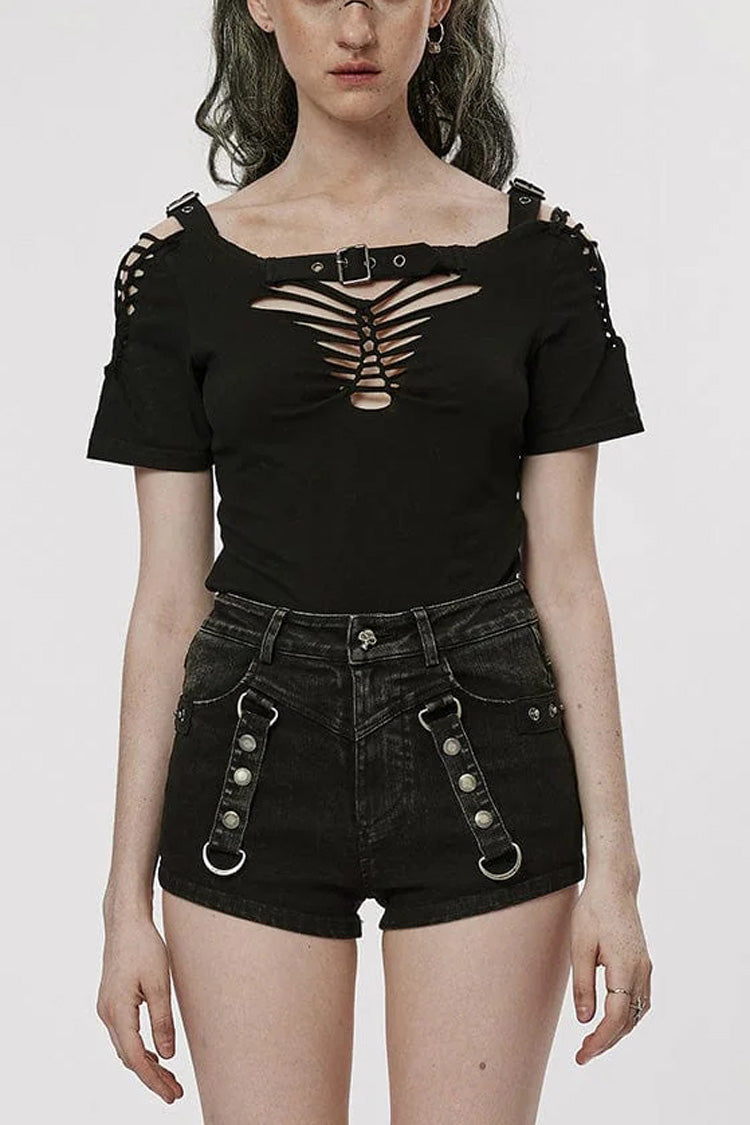 Black Short Sleeves Ripped Womens Steampunk T-Shirt with Adjustable Distressed Shoulders and Chest