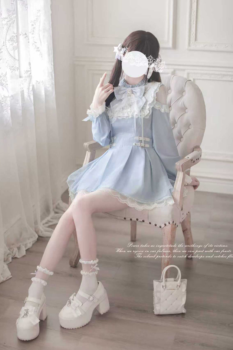 Aqua [Battement de cœur d'ange] Manches longues Nœud en dentelle Robe japonaise douce Jirai Kei 