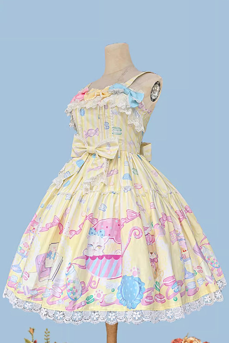 Robe Jsk Lolita douce sans manches avec nœud imprimé [Macaron Dolly House] jaune 