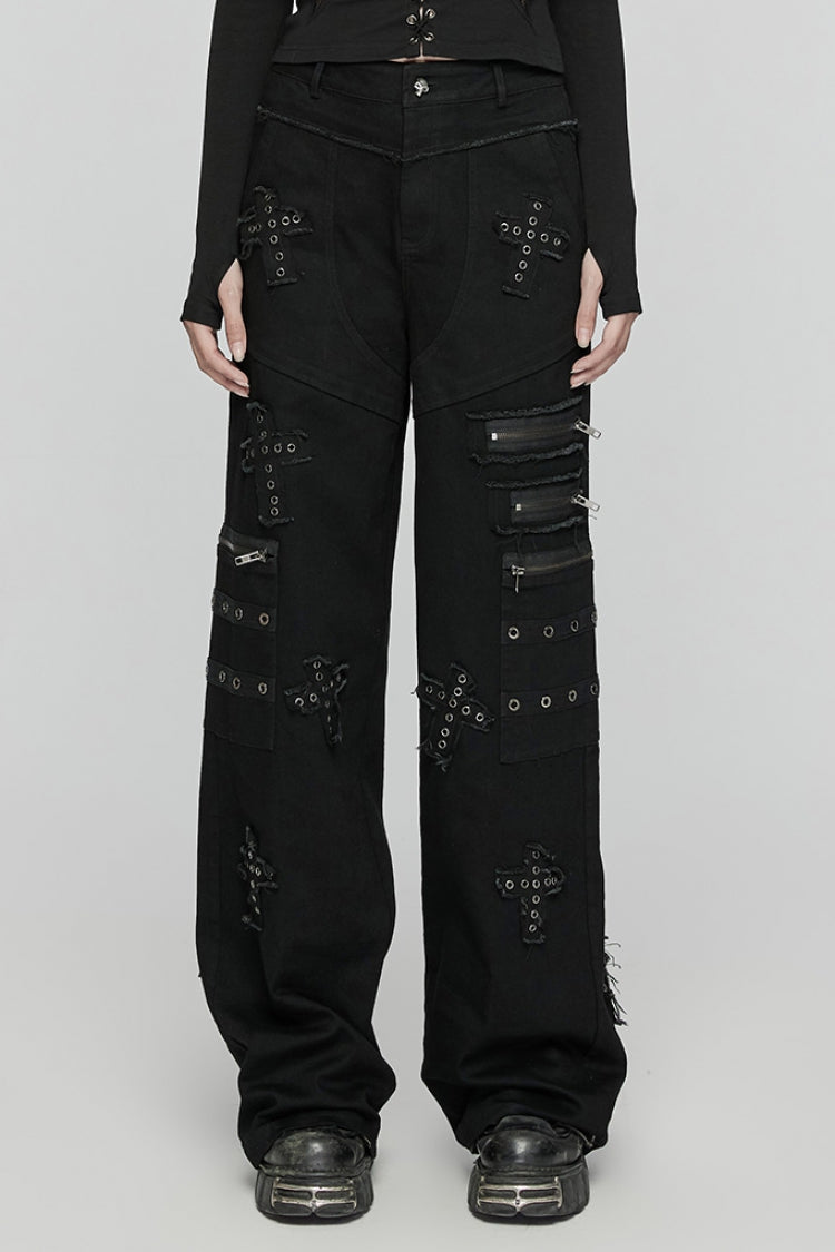 Black Women's Punk Cross Patch Big-pocket Denim Pants