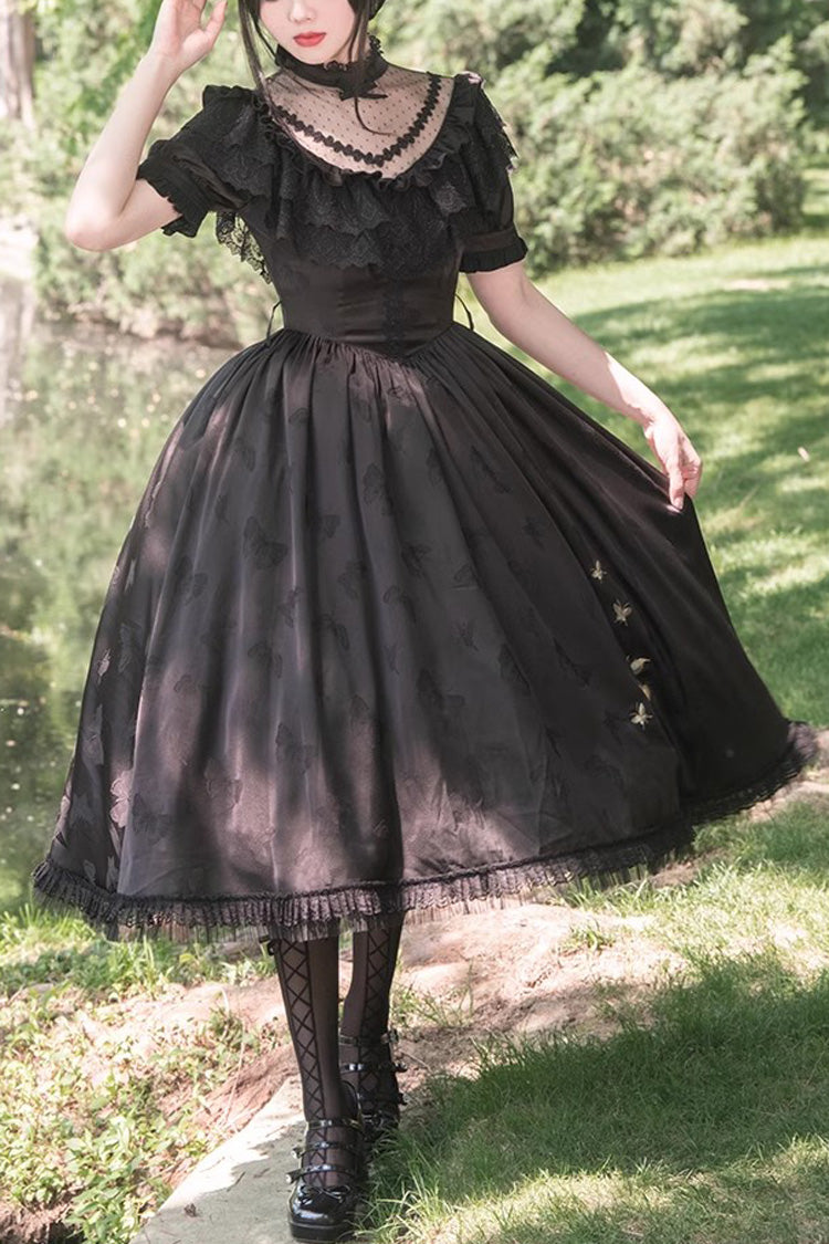 ブラックデイジープリントチェリー刺繍エドワードカラー半袖ゴシックロリータドレス