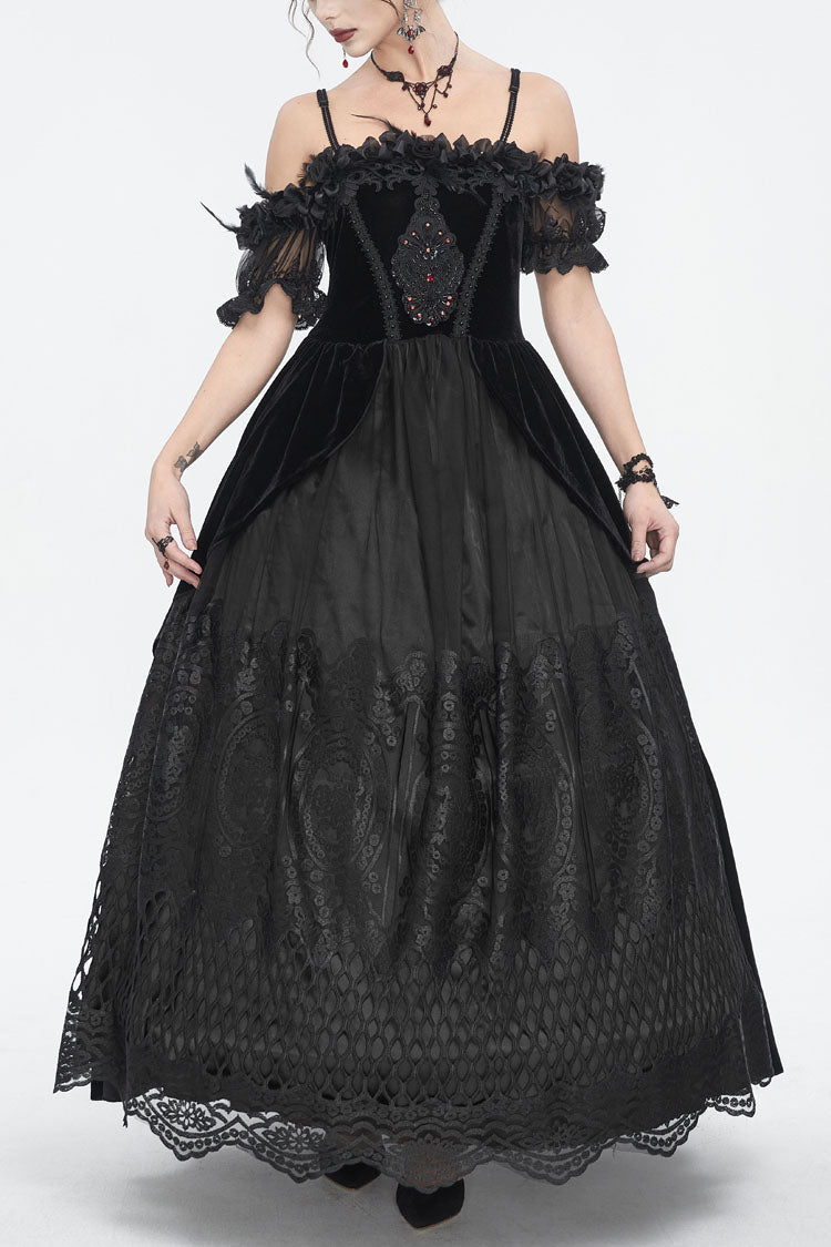 Schwarzes schulterfreies, hoch tailliertes Gothic-Kleid aus Spitze mit Print für Damen