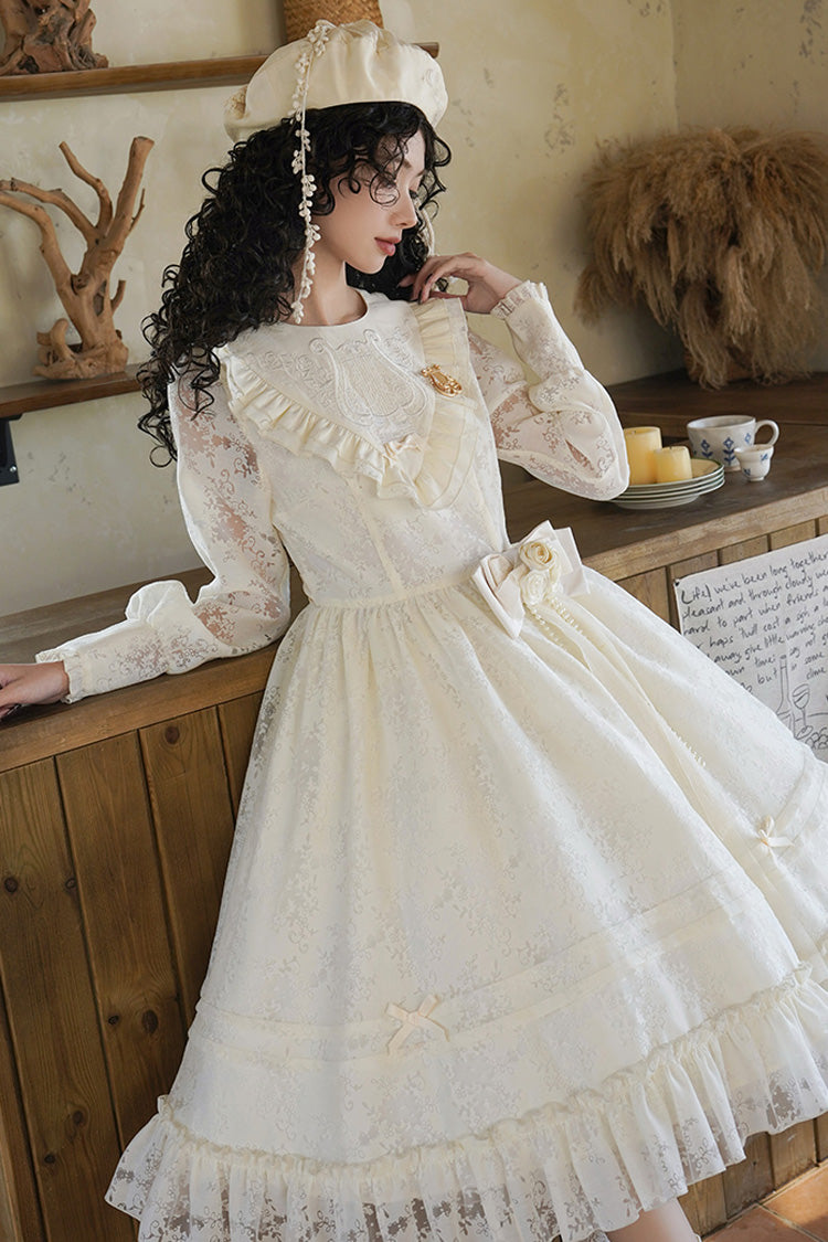 Ivory [Flower Sound] Long Sleeves Ruffle Cardigan Bowknot Lace Sweet Lolita Dress