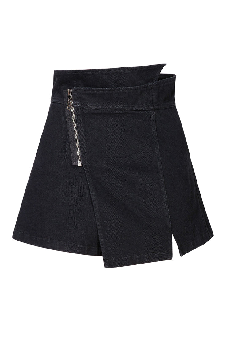 Schwarzer Metallreißverschluss, hohe Taille, unregelmäßiger Saum, Punk-A-Linien-Shorts für Damen