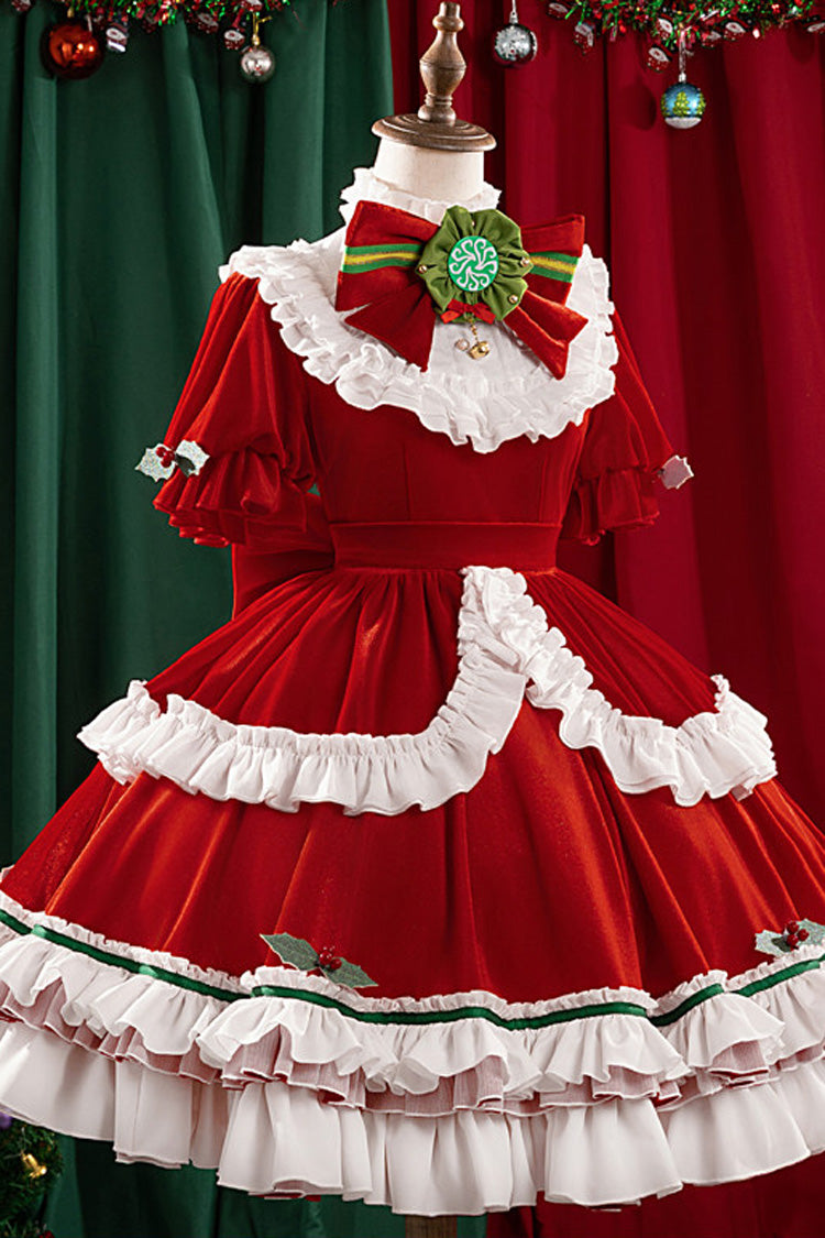 Rouge [Emma Woods Gardener] Col Montant Manches Courtes Multicouche À Volants Arc De Noël Douce Robe Lolita