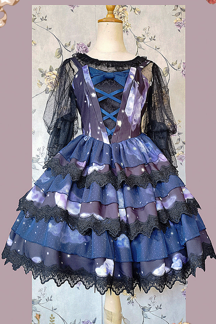 Blue Triple-Layered Clouds Print Ruffle Stitching Lace Sweet Lolita Dress