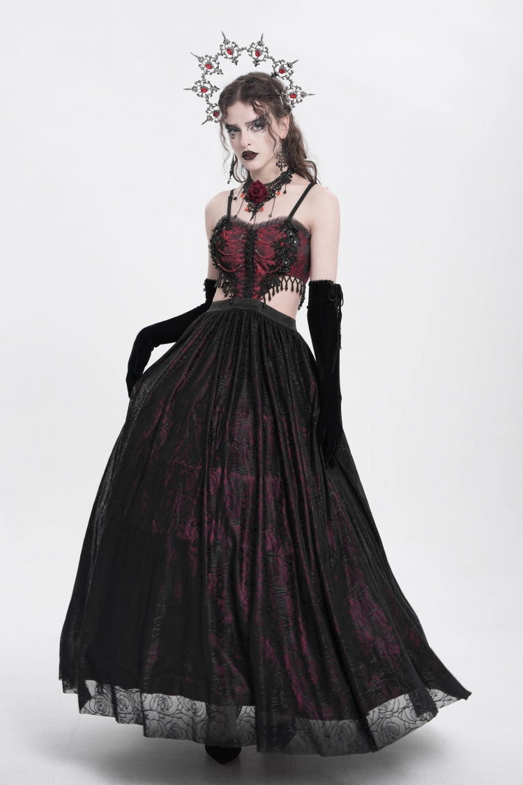 Rotes Jacquard-Kleid mit Blumenstickerei, zerrissene Gothic-Party-Unterkleid für Damen 